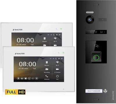 Produktbild von HD Video Türsprechanlage mit Fingerprint und RFID für 1 Familienhaus, 2x Monitore, Balter EVO HD Fingerprint