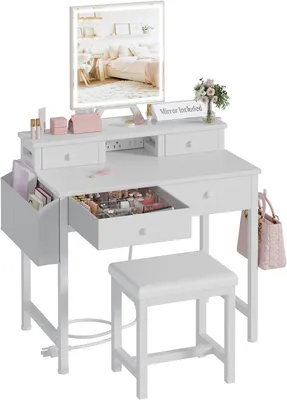 Image de Table de maquillage blanche avec miroir et éclairage, ensemble de table de maquillage pour petites filles avec chaise, commode de maquillage avec tiroirs et prise électrique pour chambre