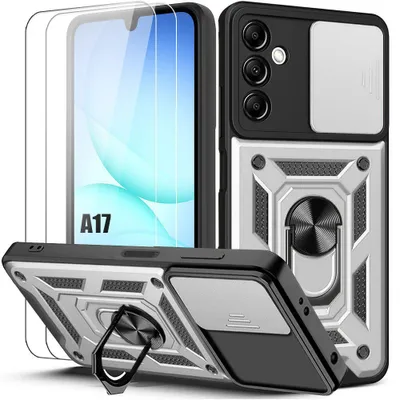 Image de Coque + 2 Verres Trempés pour Samsung Galaxy A17 4G/5G, Antichoc avec Anneau et Protection Objectif - Argenté