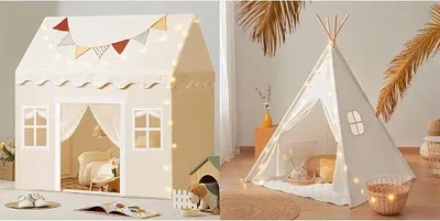 Imagen del producto de Tienda infantil para interiores, con alfombra y luces, y tienda tipi para niños