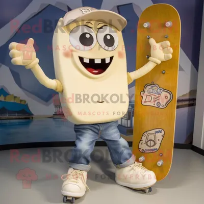 Productafbeelding van Crème Skateboard mascotte REDBROKOLY kostuum karakter gekleed met een Bootcut Jeans en haarspelden