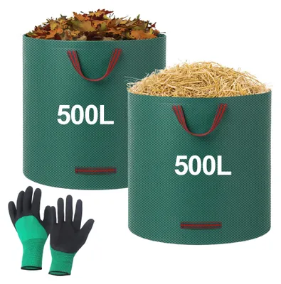 Immagine prodotto di Sacchi per rifiuti in plastica da 500 litri, robusti e riutilizzabili - Set di 2 con guanti
