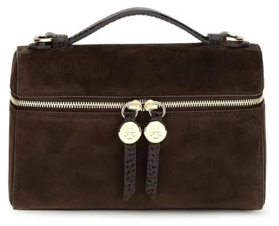 Image de Tory Burch Slim Romy daim marron, poignée et bandoulière