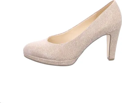 A single women's pump shoe with a glitter finish and a high heel, presented against a white background.