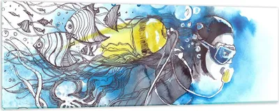 Produktbild von Bilder auf glas - Taucher Fische Illustration Hobby - 90x30cm - Glasbilder - Wandbilder - Kunstdruck - zum Aufhängen bereit - Wanddekoration aus Glas - Glas Bilder - Wandbild auf Glas - GAB90x30-2982