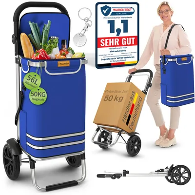 Produktbild von ELONEO Einkaufstrolley klappbar, Einkaufswagen mit Kühlfach, 3in1 Trolley, Sackkarre & Umhängetasche - Blau