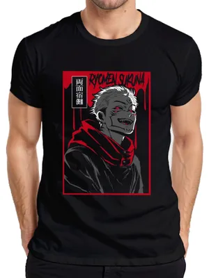 Produktbild von Ryomen Sukuna Jujutsu Kaisen Dämon Rot Schwarz Anime Ästhetik Herren T-Shirt, Schwarz, L
