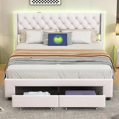 Obrázok produktu pre Postel s čalúneným čelom a LED osvetlením, s USB nabíjacím portom, dvojlôžko s 2 zásuvkami a latkovým roštom, posteľ pre mládež, úložné postele, rám postele, bez matraca, látka: zamat, farba: béžová (160 x 200 cm)