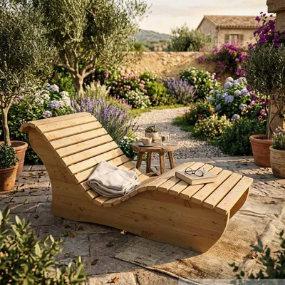 Produktbild von Holzliege Waldsofa Wellenliege Holzliege Relaxliege "Sigi" Gartenliege Massivholz Lärche gerade 70cm Himmelsliege