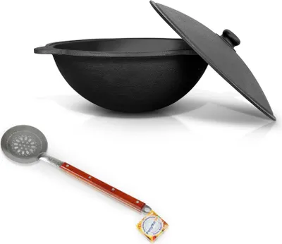 Produktbild von Set - Gusseisenkasan, Aluminiumdeckel, runder Boden, Ø 42,5 cm, 12 l + Schaumlöffel 48 cm + Schöpfkelle 48 cm