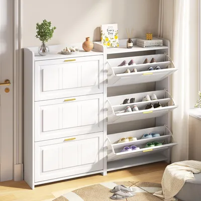 Produktbild von Schuhschrank Set - 2x 70x24x120 cm, Weiß - Je 6 Klappfächer und praktische Schublade - Kompaktes Design für Flur und Büro