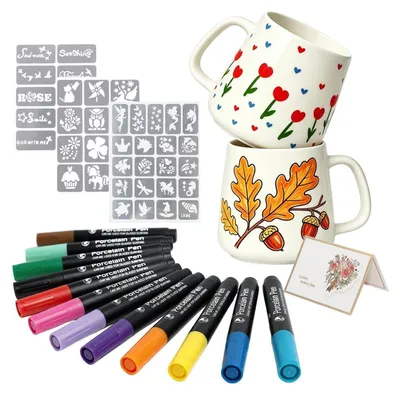 Image de Kit de peinture sur céramique : 2 tasses avec 12 stylos de peinture et des pochoirs