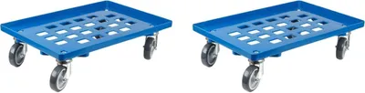 Produktbild von SparSet 2x Transportroller für Euroboxen 60x40cm mit Gummiräder blau | Gitter/Rasterdeck | 2 Lenkrollen & 2 Bremsrollen | Traglast 300kg | Kistenroller Logistikroller Rollwagen Profi-Fahrgestell