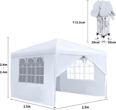 Image de LARS360 Pavillon 2,5x2,5m Pavillon pliable étanche blanc Tente de réception Tente de jardin résistante à l'hiver Pavillon de jardin pliable -4 parties latérales et fenêtres