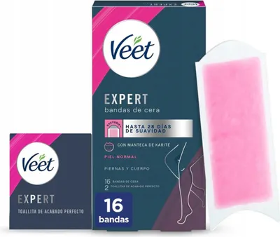Image de Veet Expert Bande de cire corps & jambes - Avec beurre de karité et vitamine E pour une peau lisse jusqu'à 28 jours (16 pièces)