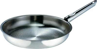 A stainless steel frying pan with a perforated bottom is shown against a white background.