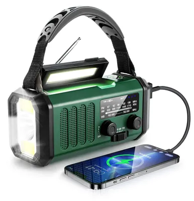 Obrázek produktu pro Zimilo Multifunkční nouzové rádio se solárním napájením a ruční klikou, baterií 10000 mAh, příjmem AM/FM, integrovanou LED svítilnou a funkcí powerbanky, zelené