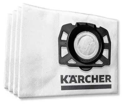 A stack of four white vacuum cleaner bags with a black plastic connector and the Kärcher logo printed on them.