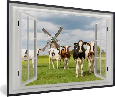 Produktbild von MuchoWow® MuchoWow® Gerahmtes Poster Ansicht - Kuh - Mühle 90x60 cm - Poster mit zchwarzem Bilderrahmen - Fotorahmen - Foto-Plakat