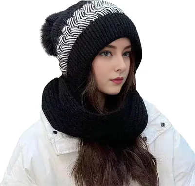 Produktbild von Damen-Wintermütze mit Schal, dick, warm, Plüsch, winddicht, Fahrrad-Kopfbedeckung, Kontrastfarbe, elastisch, vollständig schützend, für Outdoor-Reisen bei kaltem Wetter, Skimütze