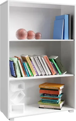 A white, three-shelf bookcase filled with books and decorative spheres.