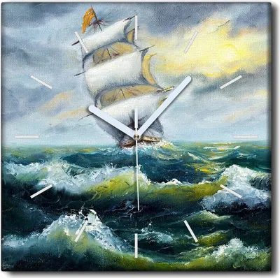 Produktbild von Coloray Uhr auf Leinwand 30x30 cm Wand Uhr Dekoration Wohnzimmer Segeltuch weiße Zeiger -Wellen Meeresschiff Ozean