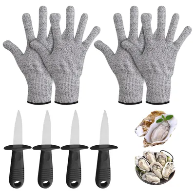 4er-Set Austernmesser mit Handschuhen, Edelstahl, 14,7 cm