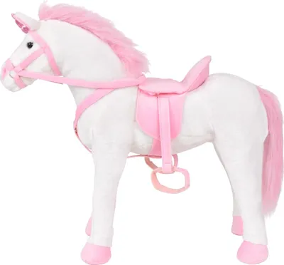 A plush toy unicorn standing on a white background.