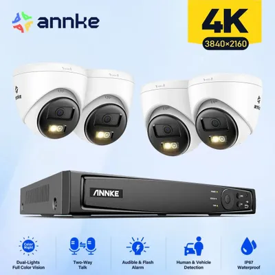 Produktbild von Sicherheitskamerasystem 4K POE mit 4 Turmkameras, einem 8-Kanal-Netzwerkvideoaufzeichner (NVR) und Audioalarm