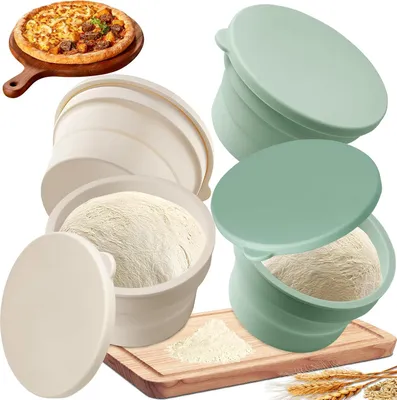 Produktbild von Pizzaballenbox mit Deckel 4er Set, Platzsparend Pizzateig Gären - Pizzateig Box aus antihaftendem Silikon - Pizzabox, Gärbox & Teigbox - Mikrowellen,Gefrier- und Spühlmaschinengeeignet