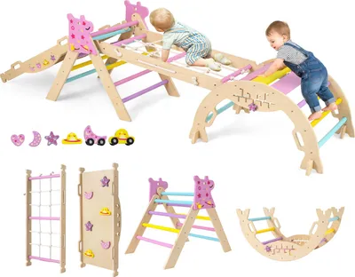 A collage of images showing a children's indoor climbing set and its various components, with children playing on some of the pieces.