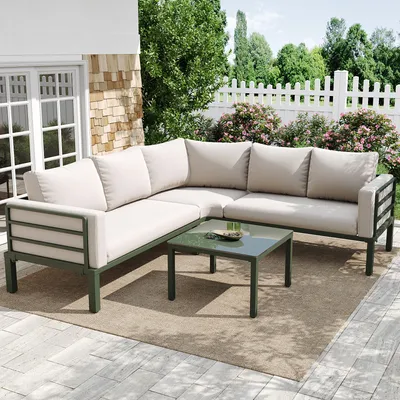 Image de Ensemble de salon de jardin pour 4 à 5 personnes, 4 pièces, structure en fer galvanisé avec coussins de 10 cm d'épaisseur et table basse, salon d'extérieur résistant aux intempéries pour terrasse, jardin et balcon