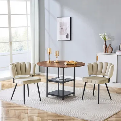 Immagine prodotto di Set tavolo e sedie, tavolo rotondo da pranzo di 107 cm di diametro, con doppio ripiano, e 2 sedie rivestite in tessuto (colore: marrone chiaro, legno: noce e nero)