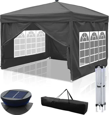 Obrázek produktu pro Hebitod Skládací pavilonové stany 3x3m, zahradní stan pro zahradní terasu, vodotěsný s okny a solárním LED světlem, šedý