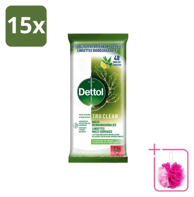 Imagen del producto de 15 toallitas multiusos Dettol Tru Clean – Eucalipto y lima – Biodegradables – Paquete económico – 15 unidades