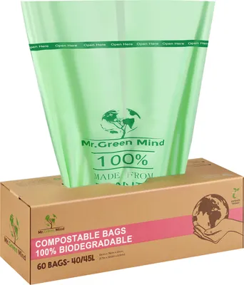 Produktbild von Mr. Green Mind kompostierbare müllbeutel 40/45 Liter 60 Stück – 100 % kompostierbare Müllsäcke – Inkl. Spender