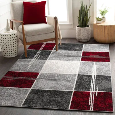Produktbild von TT Home Teppich  Karo Design Modern Wohnzimmerteppich Grau Rot Top Preis Größe 240x340 cm