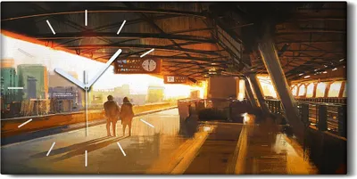 Produktbild von Wandbild Leinwand Bilder Wanduhr 60x30 Gemälde Bahnhof Paar Sonnenuntergang - weiße Hände