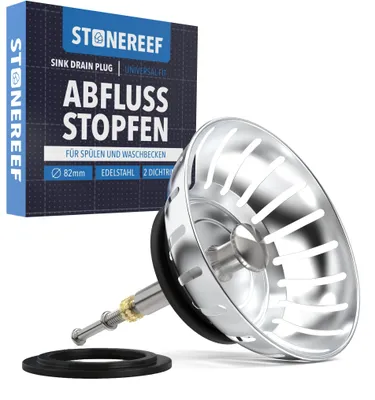 Produktbild von Abflussstopfen 82 mm Küchenspüle Siebkorb Edelstahl Stöpsel Ersatz Ersetzt den undichten Siebkorb der Spüle: 82 mm, höhenverstellbar, zwei Dichtungen