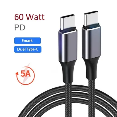 Produktbild von 2m USB-C auf USB-C Schnellladekabel 60W Watt (5A) mit E-Marker Nylon geflochten Datentransfer für Samsung iPhone iPad Xiaomi Lenovo Huawei - Schwarz