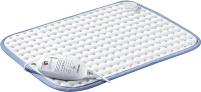 A white electric heating pad with a blue trim and a white controller is shown on a white background.