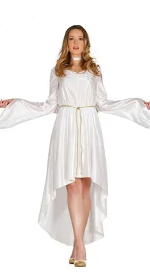 A woman is posing in a white angel costume against a white background.