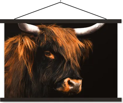 Produktbild von MuchoWow® Textilposter Schottisches Hochlandrind - Schwarz - Kuh - Horn - Tiere 150x100 cm mit schwarzem Rahmen - Schlafzimmer