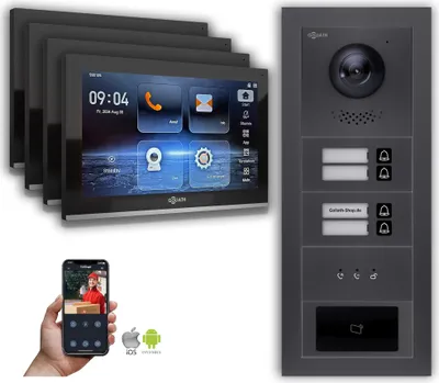 Produktbild von Goliath IP Video Türsprechanlage: 10-Zoll 4 Familienhaus, RFID, Anzeige, Anthrazit : 10 Zoll Schwarz : Unterputzdose Monitor Farbe: 10 Zoll Schwarz Montage: Unterputzdose