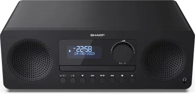 A black Sharp all-in-one hi-fi system is shown against a white background.