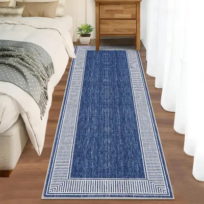 Obrázok produktu pre Umývateľná podložka - Obdĺžnikový koberec - Krátky vlas - Protišmyková gumová spodná strana - 100 % polyester - Možné prať v práčke - Jednofarebný - Modrá - 60 × 230 cm