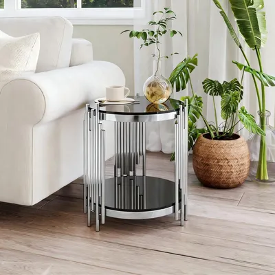 Obrázek produktu pro Moderní kulatý skleněný odkládací stolek, 45 cm, stříbrný rám z nerezové oceli, 6 mm tvrzené sklo, konferenční stolek do obývacího pokoje nebo na balkon