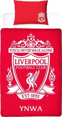 A red duvet cover and pillowcase set with the Liverpool FC crest and motto printed in white.