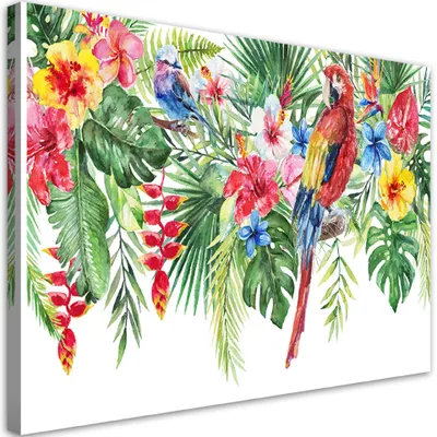Produktbild von Leinwandbild Blätter, Blumen, tropischer Papagei 100x70 Feeby Bunt bild für die wand bereit zum aufhängen