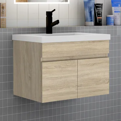 Produktbild von Badezimmer Badmöbel 60 cm Mineralguss Waschtisch mit Unterschrank Hängeschrank Badezimmerschränke Badschrank mit 2 Türen Eiche
